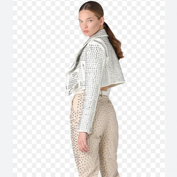 Seta Bianca Jacket- Studded White Cropped Moto Jacket - Women - Picture 2 of 5